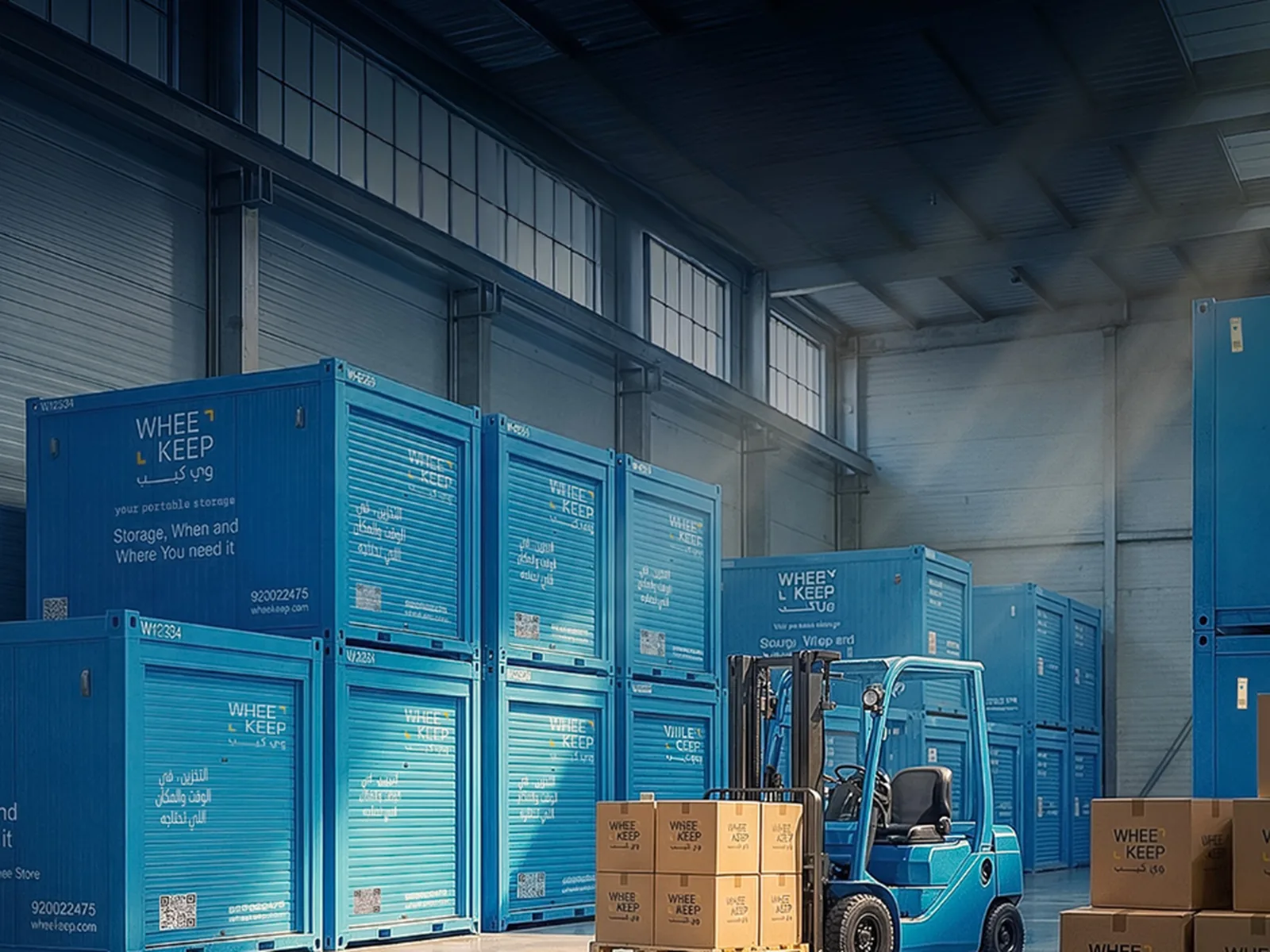 Pallets stacked inside a WheeKeep storage unit
